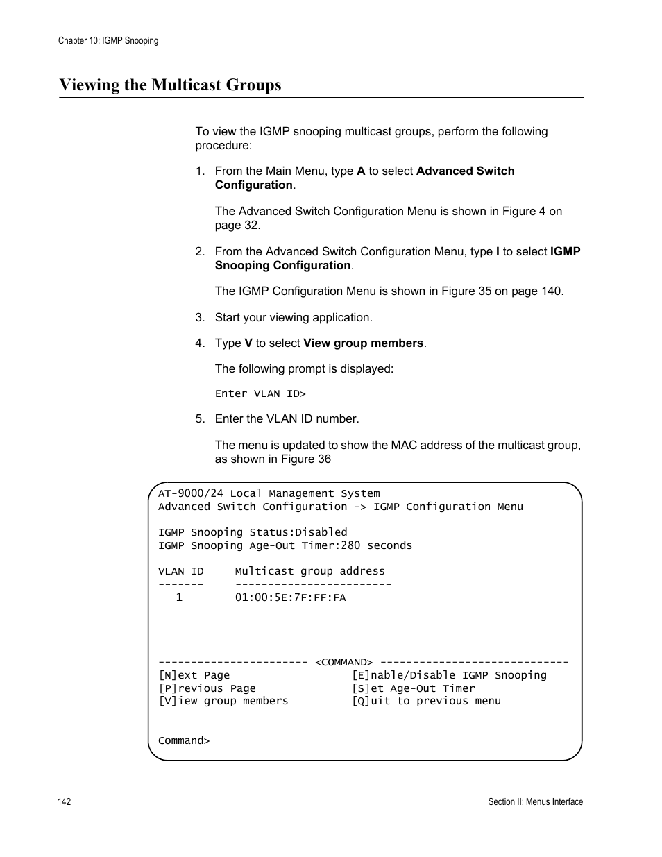 Viewing the multicast groups | Allied Telesis AT-S84 User Manual | Page 142 / 326