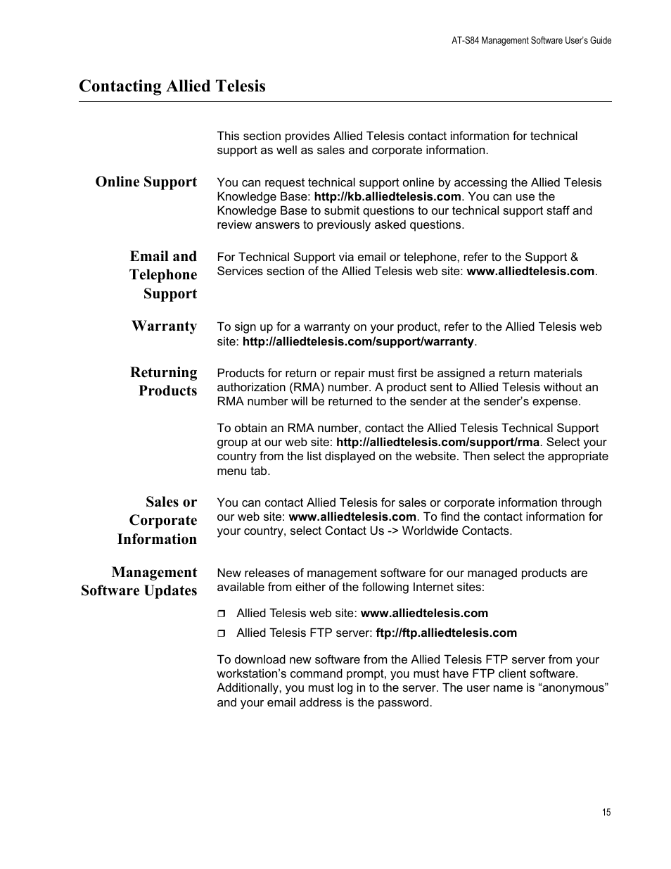 Contacting allied telesis, Online support, Email and telephone support | Warranty, Returning products, Sales or corporate information, Management software updates | Allied Telesis AT-S84 User Manual | Page 15 / 326