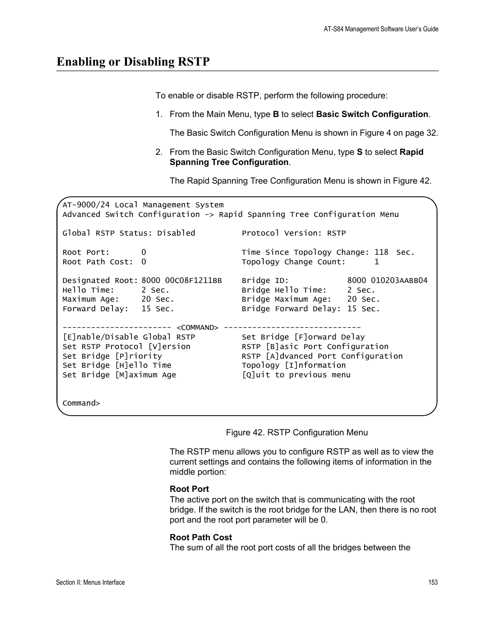 Enabling or disabling rstp | Allied Telesis AT-S84 User Manual | Page 153 / 326