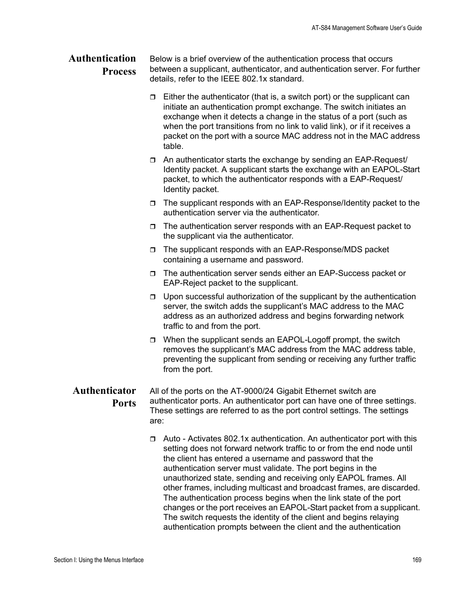 Authentication process, Authenticator ports, Authentication process authenticator ports | Allied Telesis AT-S84 User Manual | Page 169 / 326