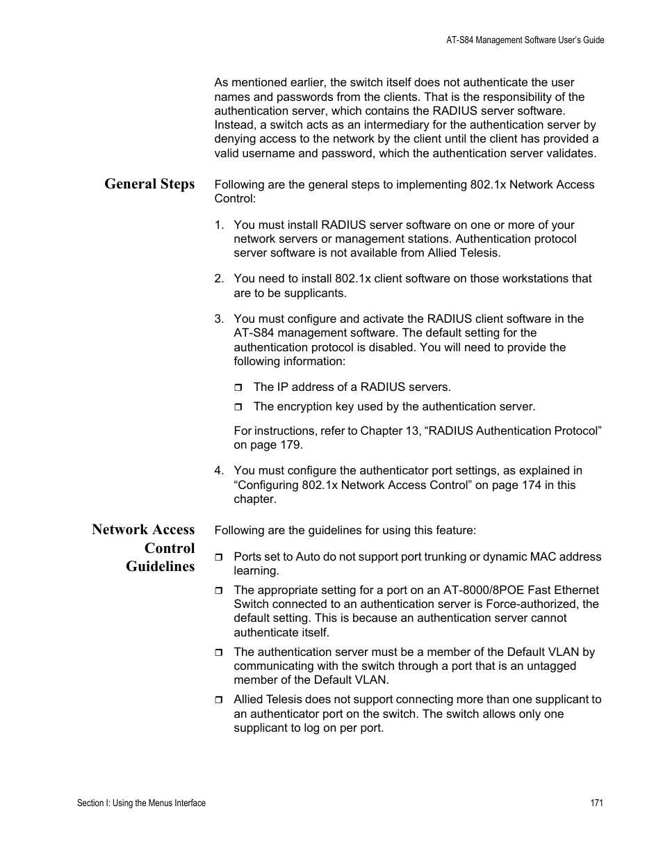 General steps, Network access control guidelines, General steps network access control guidelines | Allied Telesis AT-S84 User Manual | Page 171 / 326