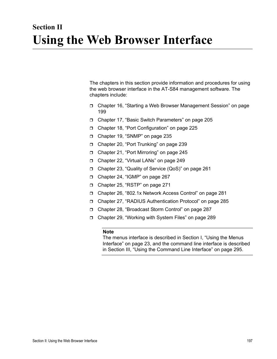 Section ii, Using the web browser interface, Section ii: using the web browser interface | Allied Telesis AT-S84 User Manual | Page 197 / 326