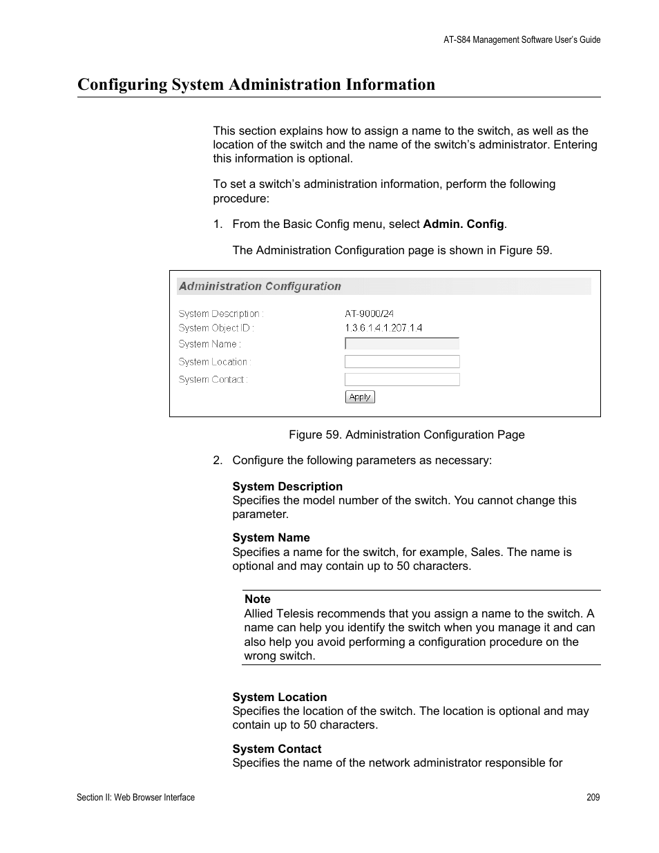 Configuring system administration information | Allied Telesis AT-S84 User Manual | Page 209 / 326