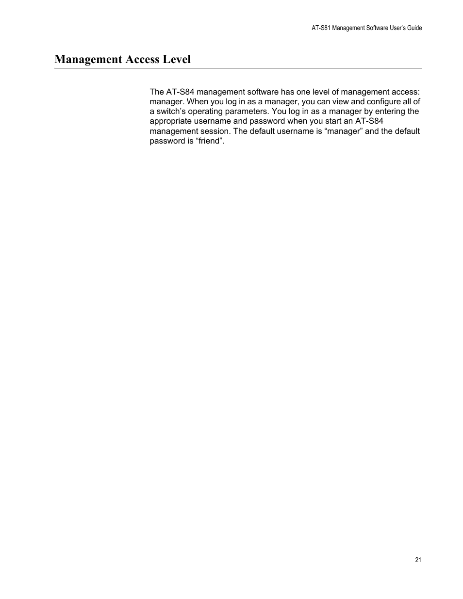 Management access level | Allied Telesis AT-S84 User Manual | Page 21 / 326