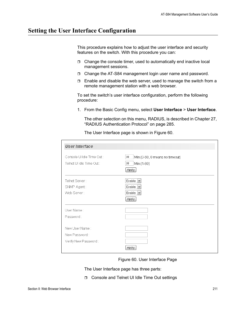 Setting the user interface configuration | Allied Telesis AT-S84 User Manual | Page 211 / 326