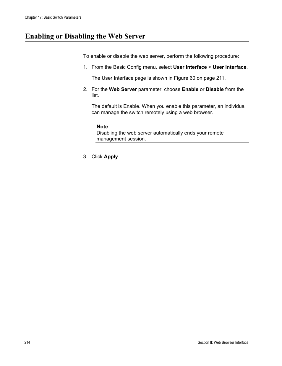 Enabling or disabling the web server | Allied Telesis AT-S84 User Manual | Page 214 / 326