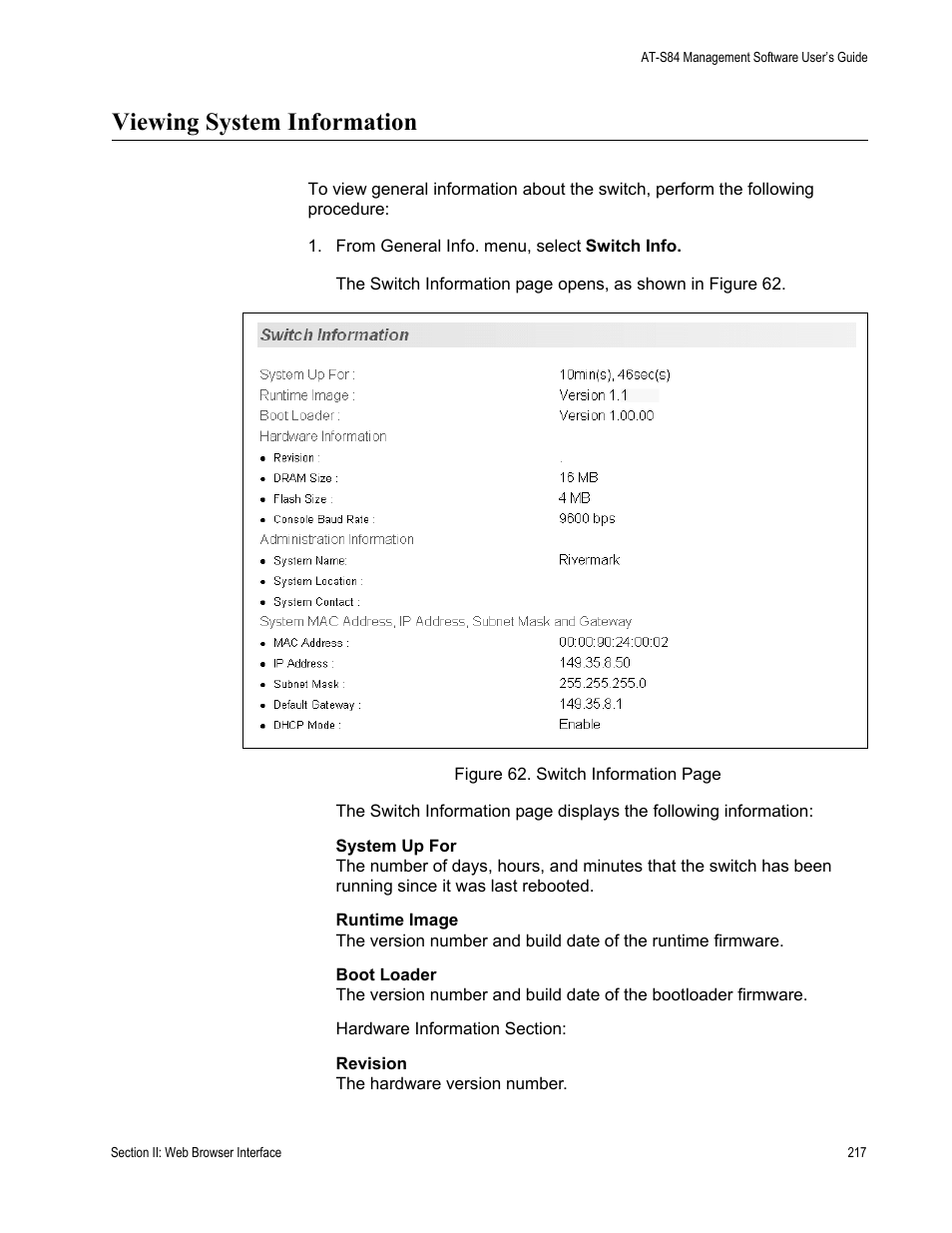Viewing system information | Allied Telesis AT-S84 User Manual | Page 217 / 326