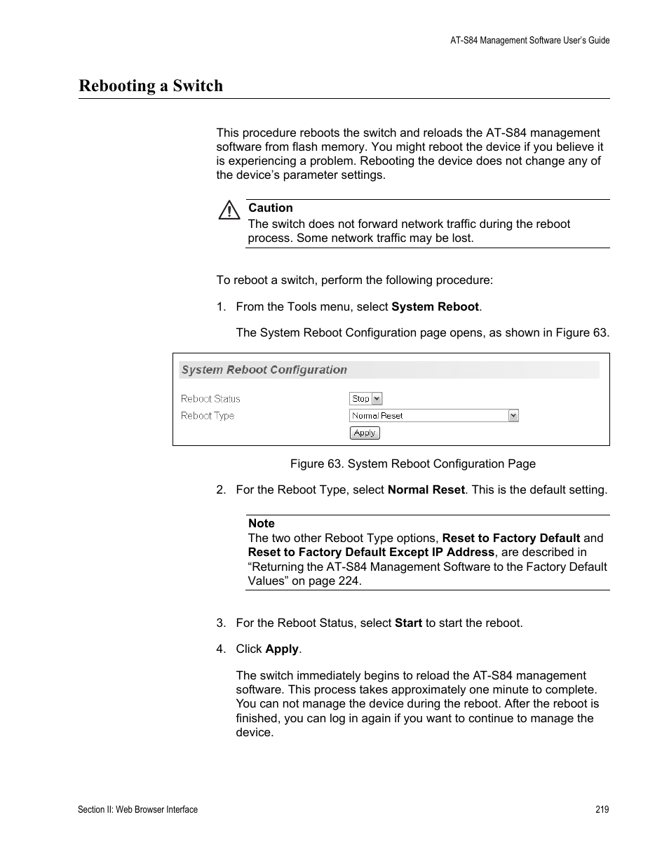 Rebooting a switch | Allied Telesis AT-S84 User Manual | Page 219 / 326