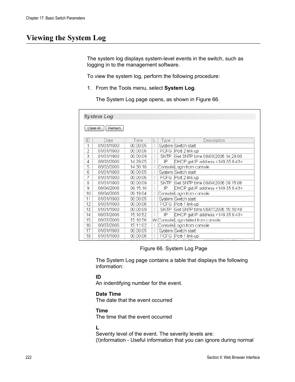 Viewing the system log | Allied Telesis AT-S84 User Manual | Page 222 / 326