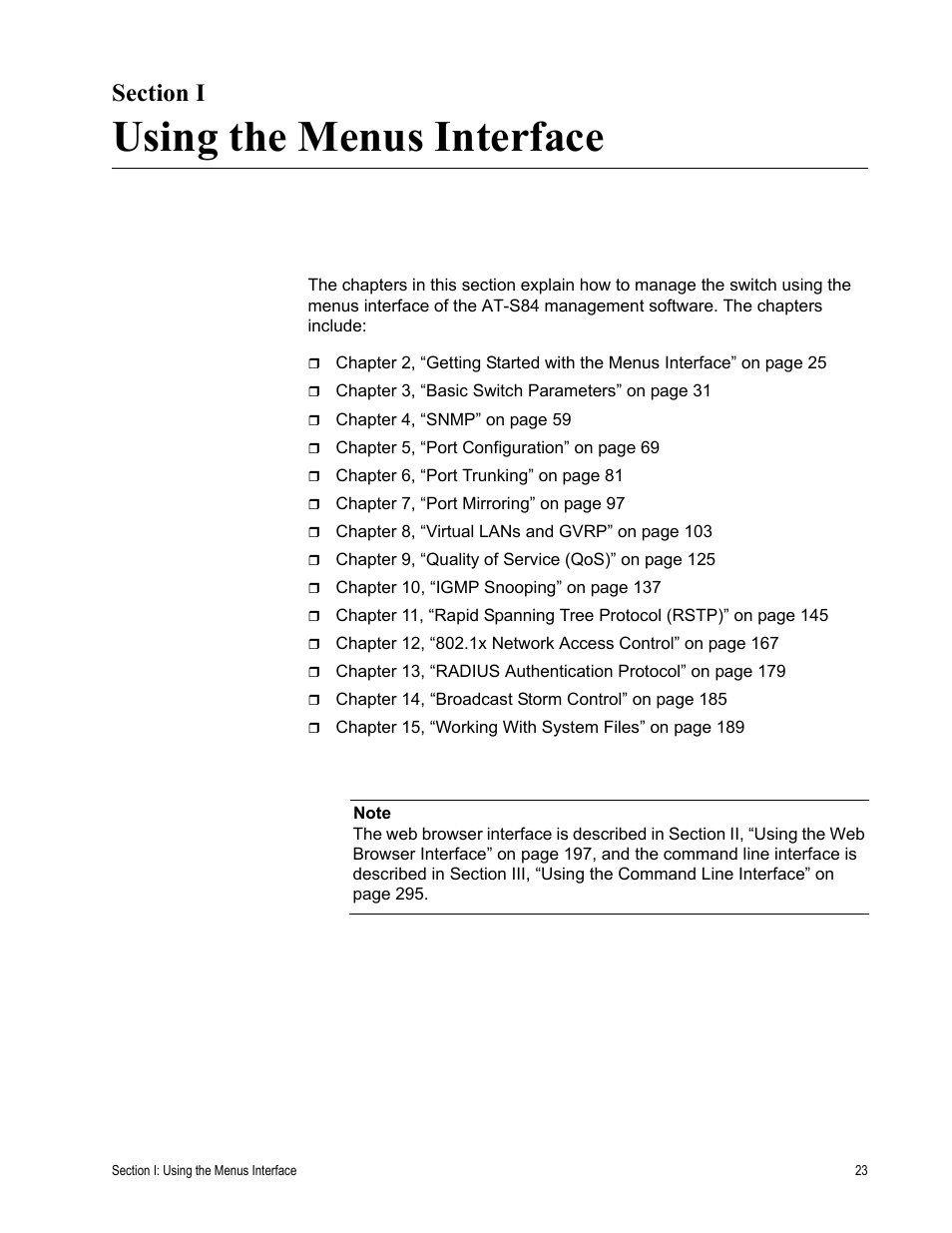 Section i, Using the menus interface, Section i: using the menus interface | Allied Telesis AT-S84 User Manual | Page 23 / 326