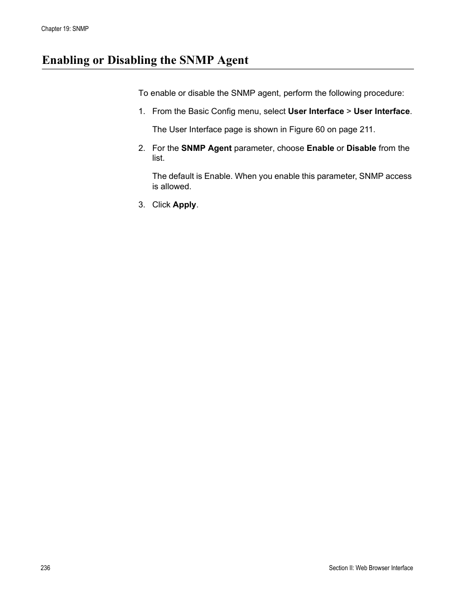 Enabling or disabling the snmp agent | Allied Telesis AT-S84 User Manual | Page 236 / 326
