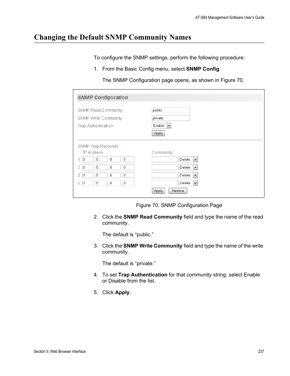 Changing the default snmp community names | Allied Telesis AT-S84 User Manual | Page 237 / 326