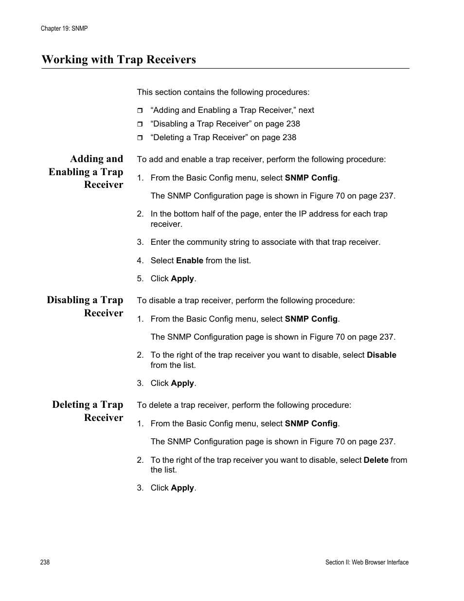 Working with trap receivers, Adding and enabling a trap receiver, Disabling a trap receiver | Deleting a trap receiver | Allied Telesis AT-S84 User Manual | Page 238 / 326