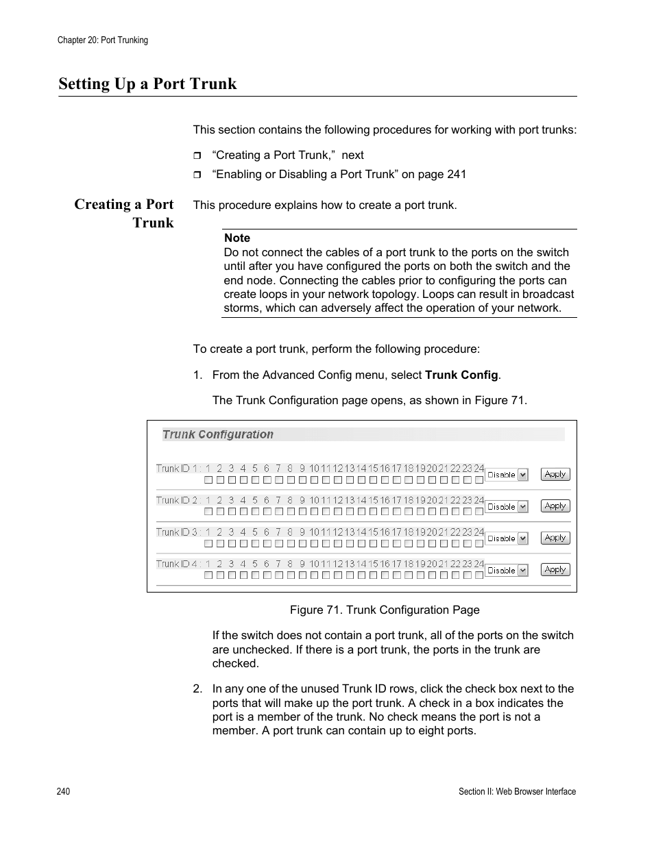 Setting up a port trunk, Creating a port trunk | Allied Telesis AT-S84 User Manual | Page 240 / 326