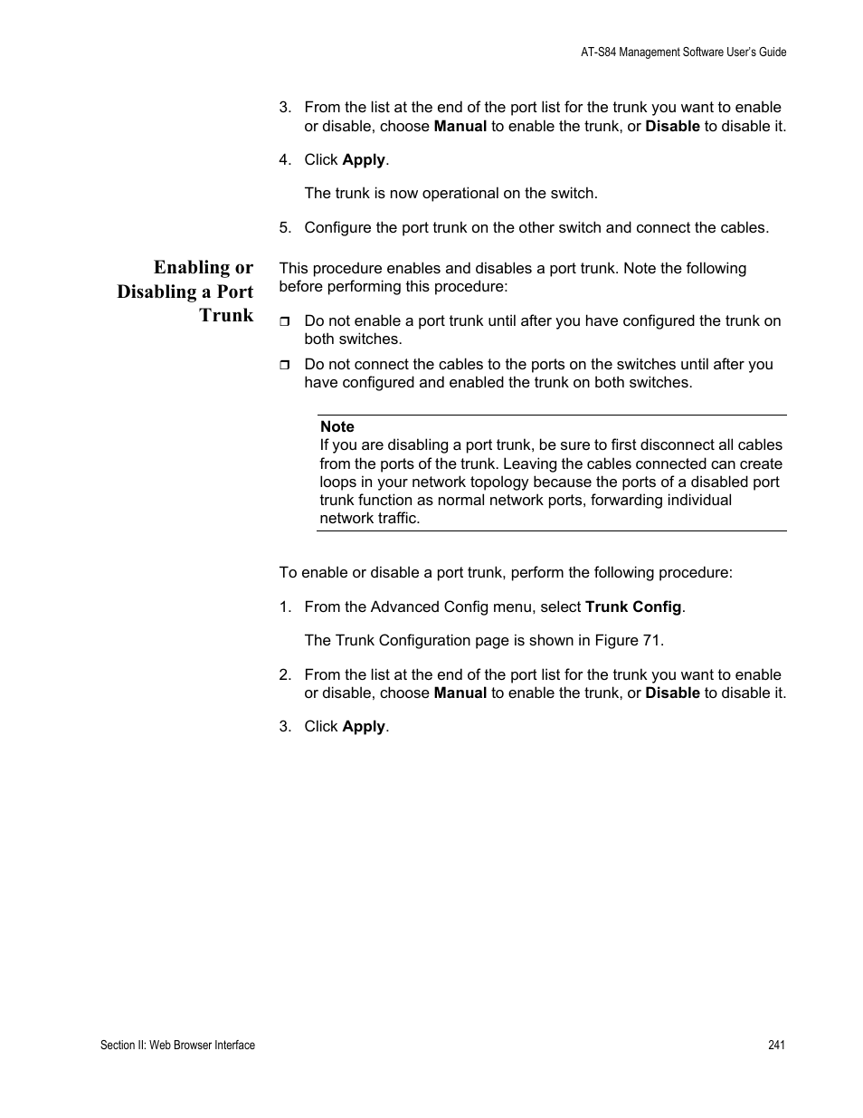 Enabling or disabling a port trunk | Allied Telesis AT-S84 User Manual | Page 241 / 326