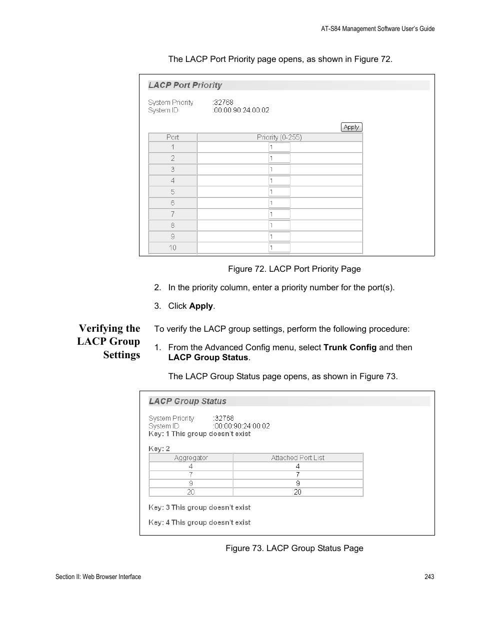Verifying the lacp group settings | Allied Telesis AT-S84 User Manual | Page 243 / 326
