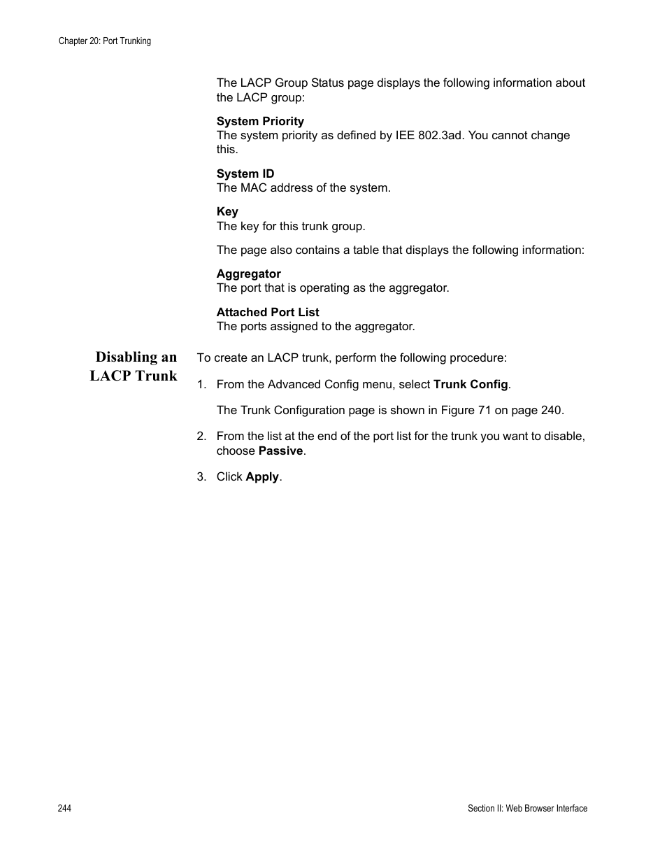 Disabling an lacp trunk | Allied Telesis AT-S84 User Manual | Page 244 / 326