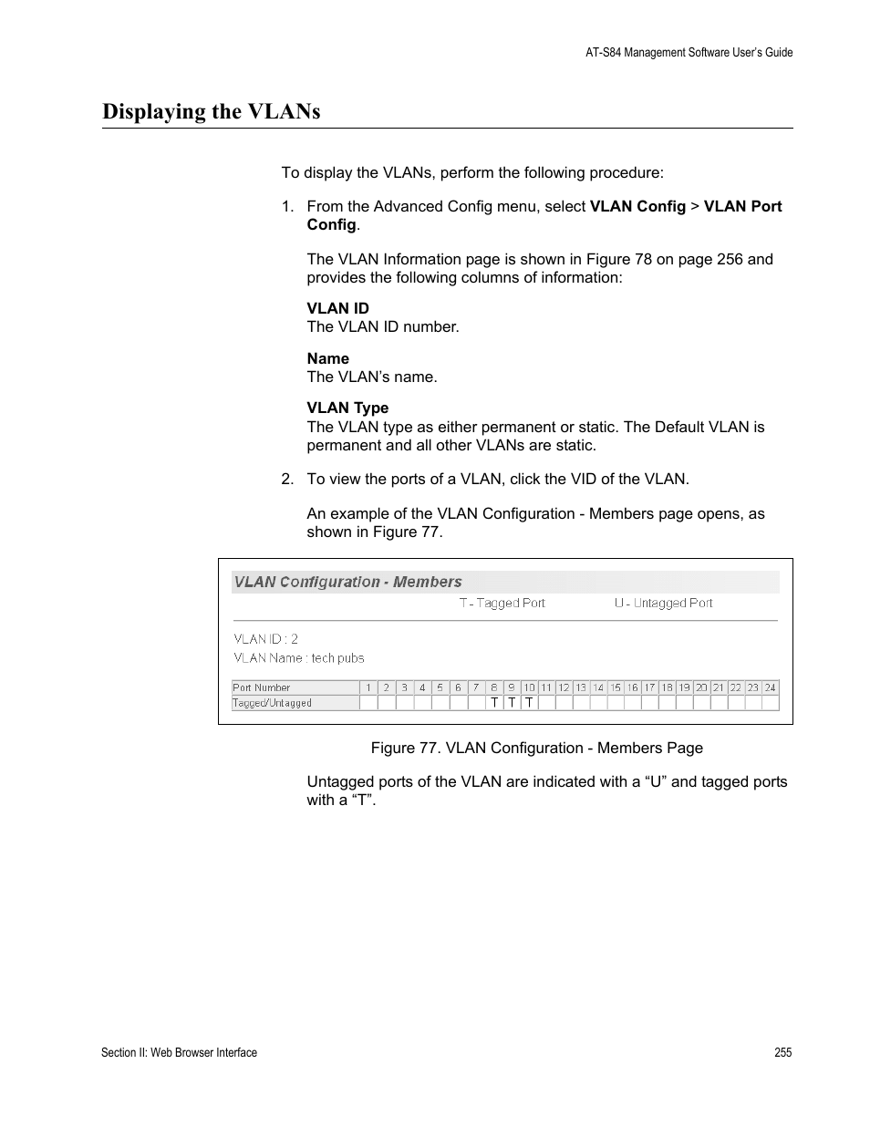 Displaying the vlans | Allied Telesis AT-S84 User Manual | Page 255 / 326