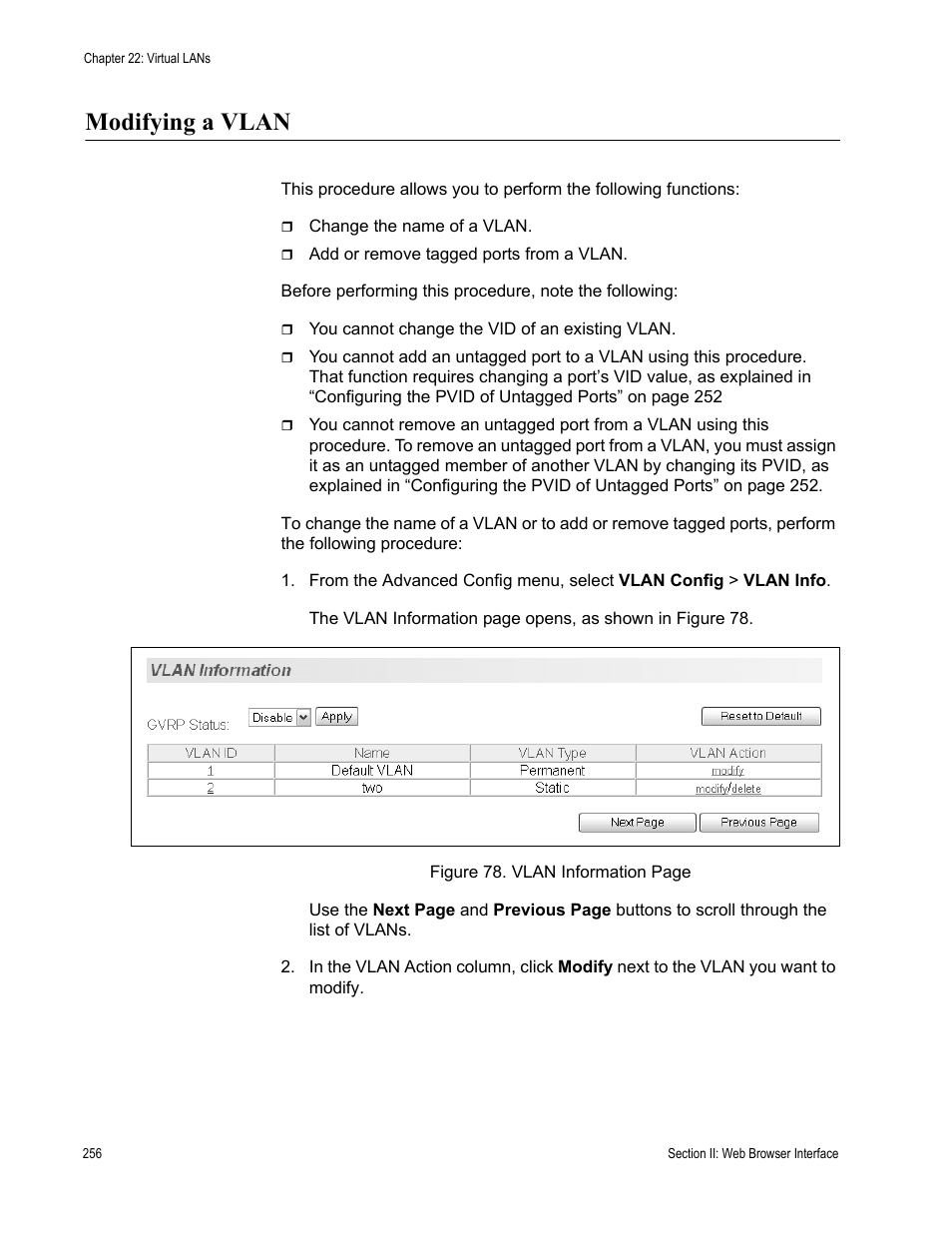 Modifying a vlan | Allied Telesis AT-S84 User Manual | Page 256 / 326