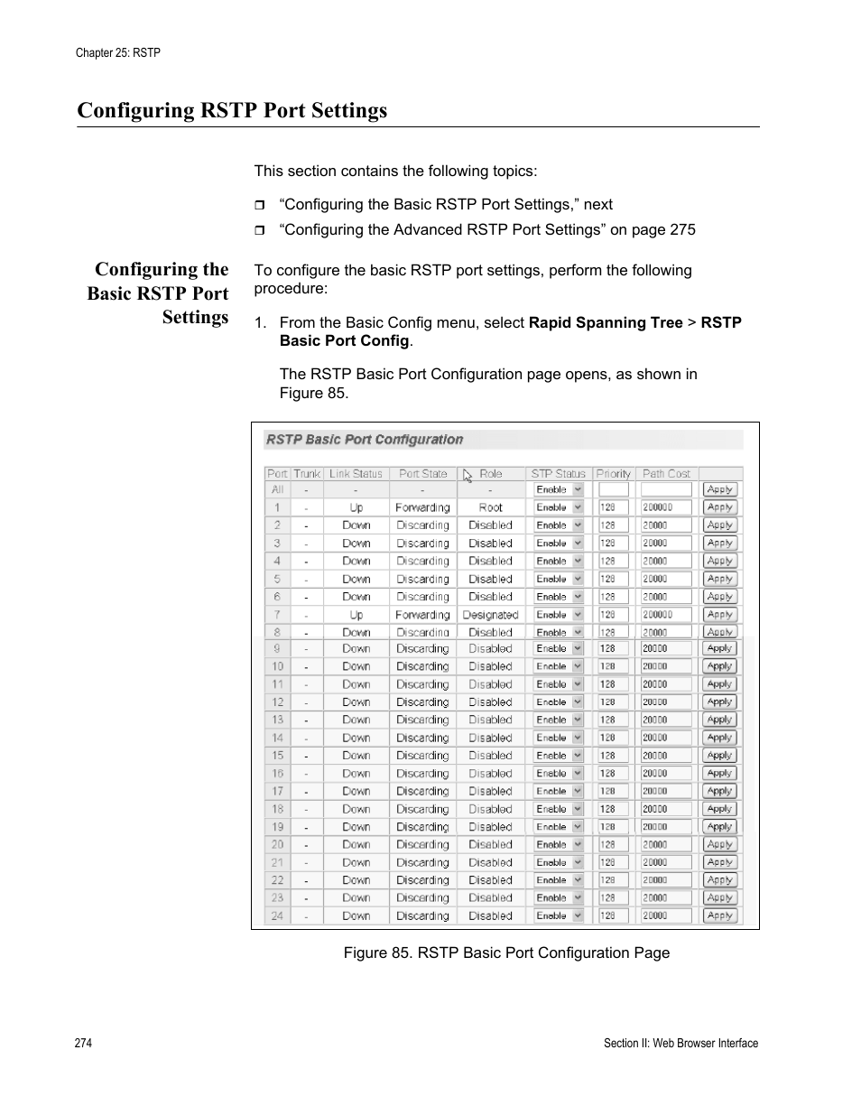 Configuring rstp port settings, Configuring the basic rstp port settings | Allied Telesis AT-S84 User Manual | Page 274 / 326