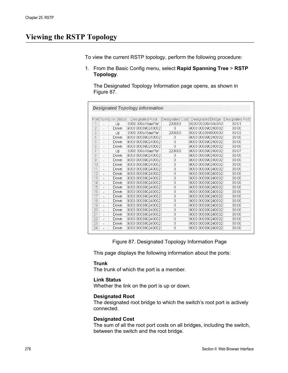 Viewing the rstp topology | Allied Telesis AT-S84 User Manual | Page 278 / 326
