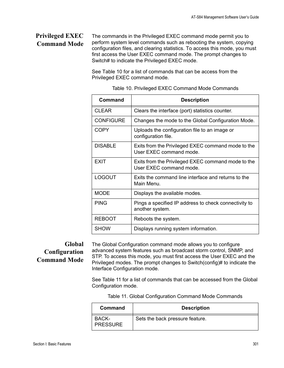Privileged exec command mode, Global configuration command mode | Allied Telesis AT-S84 User Manual | Page 301 / 326