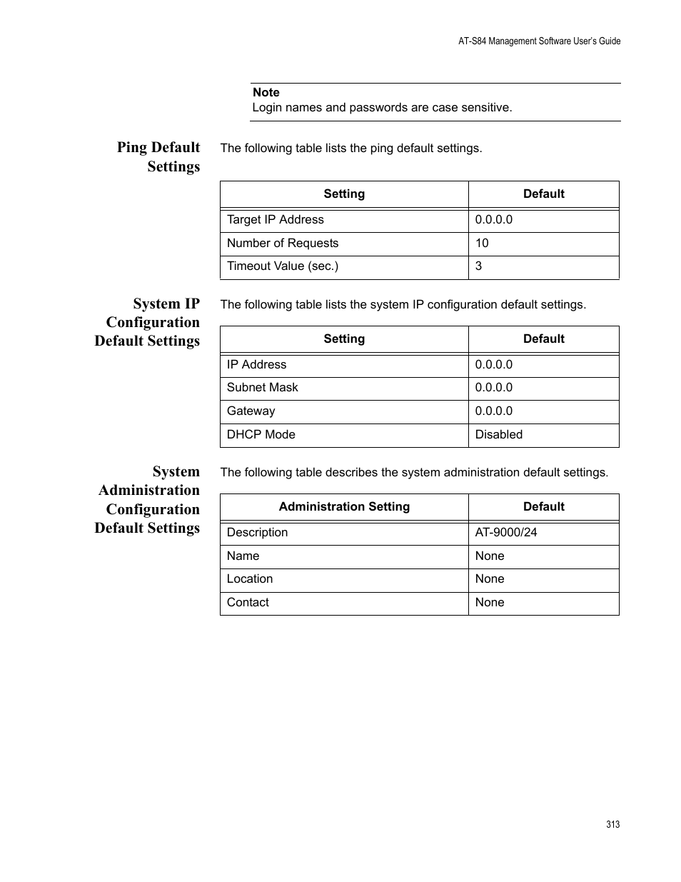 Ping default settings, System ip configuration default settings | Allied Telesis AT-S84 User Manual | Page 313 / 326