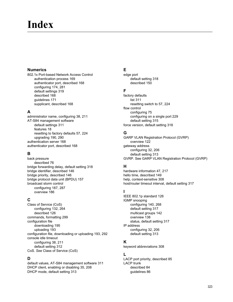 Index, Numerics | Allied Telesis AT-S84 User Manual | Page 323 / 326