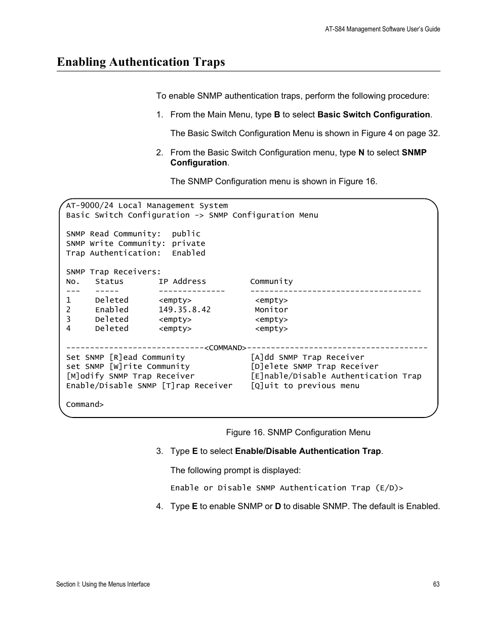 Enabling authentication traps | Allied Telesis AT-S84 User Manual | Page 63 / 326