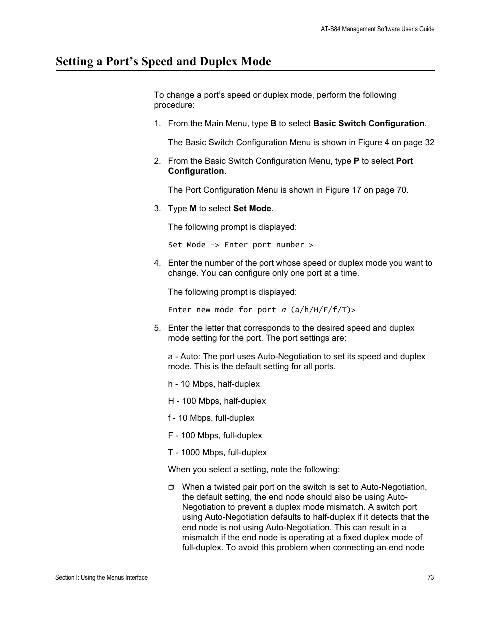 Setting a port’s speed and duplex mode | Allied Telesis AT-S84 User Manual | Page 73 / 326