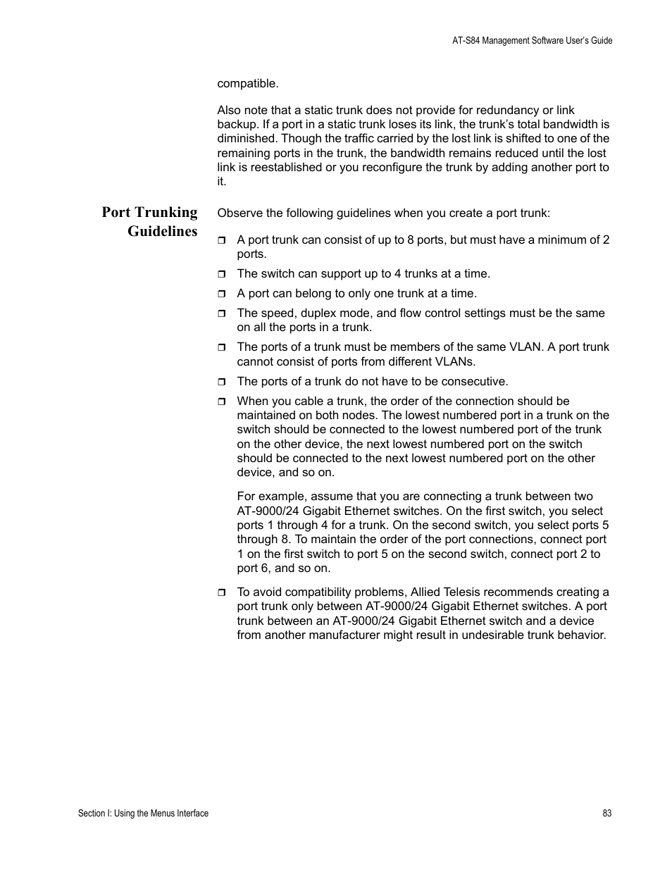 Port trunking guidelines | Allied Telesis AT-S84 User Manual | Page 83 / 326