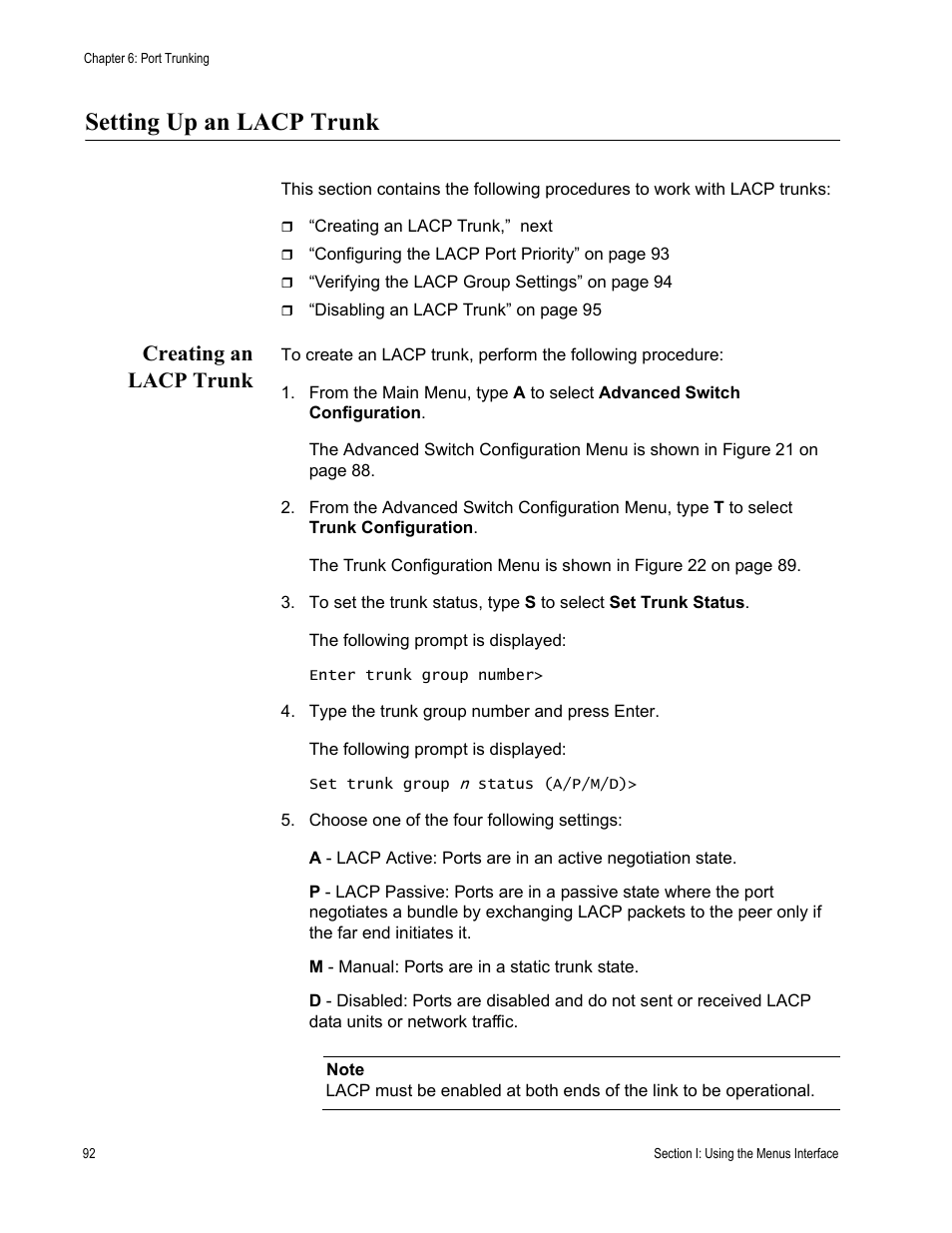 Setting up an lacp trunk, Creating an lacp trunk | Allied Telesis AT-S84 User Manual | Page 92 / 326