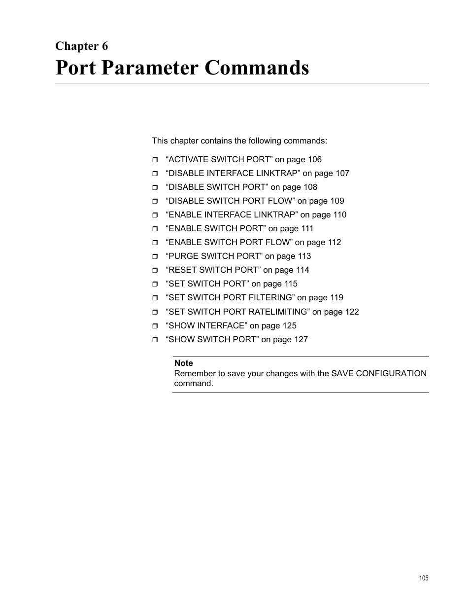 Chapter 6, Port parameter commands, Chapter 6: port parameter commands | Allied Telesis AT-S63 User Manual | Page 105 / 728