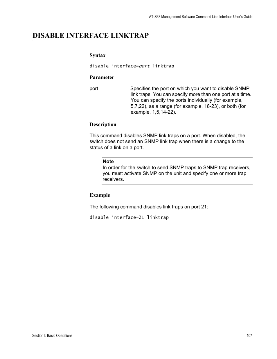 Disable interface linktrap | Allied Telesis AT-S63 User Manual | Page 107 / 728