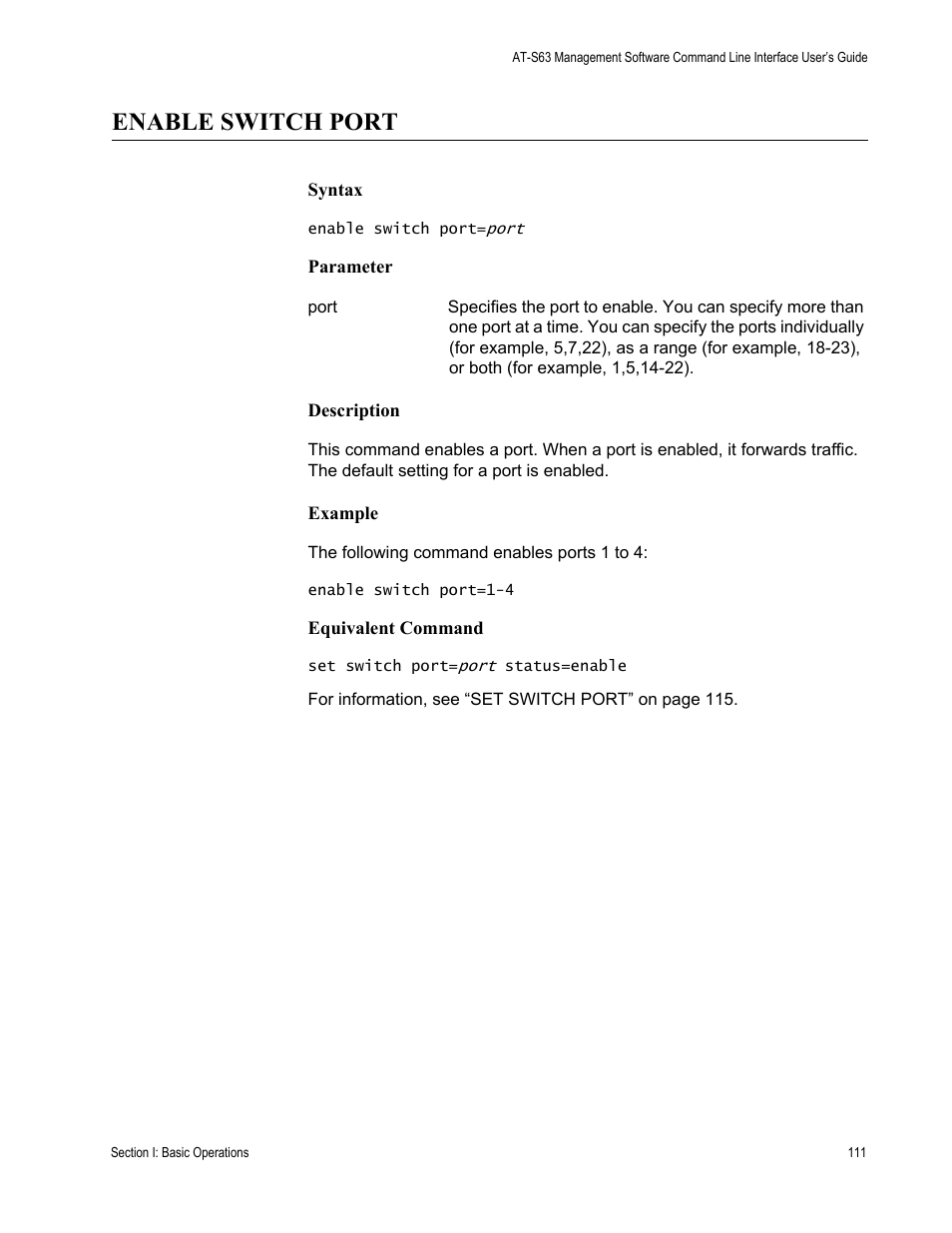 Enable switch port | Allied Telesis AT-S63 User Manual | Page 111 / 728