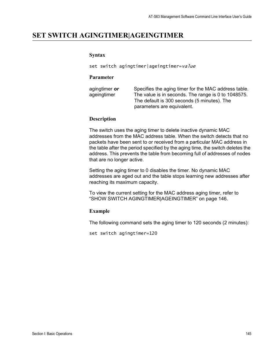 Set switch agingtimer|ageingtimer | Allied Telesis AT-S63 User Manual | Page 145 / 728