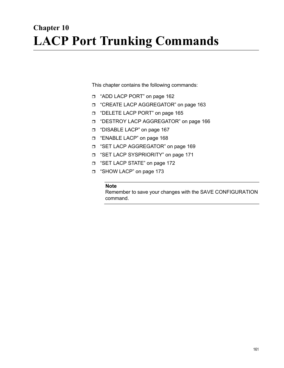 Chapter 10, Lacp port trunking commands | Allied Telesis AT-S63 User Manual | Page 161 / 728