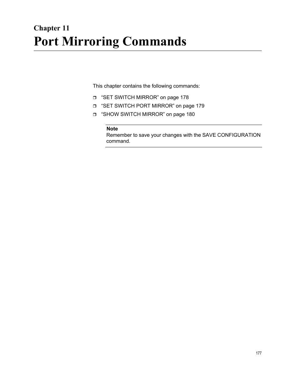 Chapter 11, Port mirroring commands, Chapter 11: port mirroring commands | Allied Telesis AT-S63 User Manual | Page 177 / 728