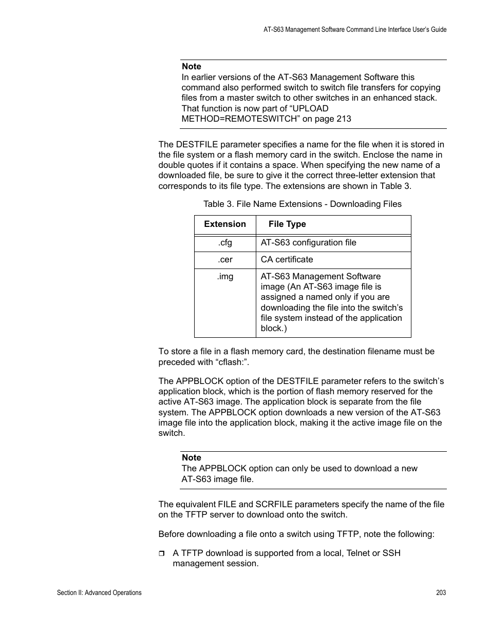 Table 3. file name extensions - downloading files | Allied Telesis AT-S63 User Manual | Page 203 / 728