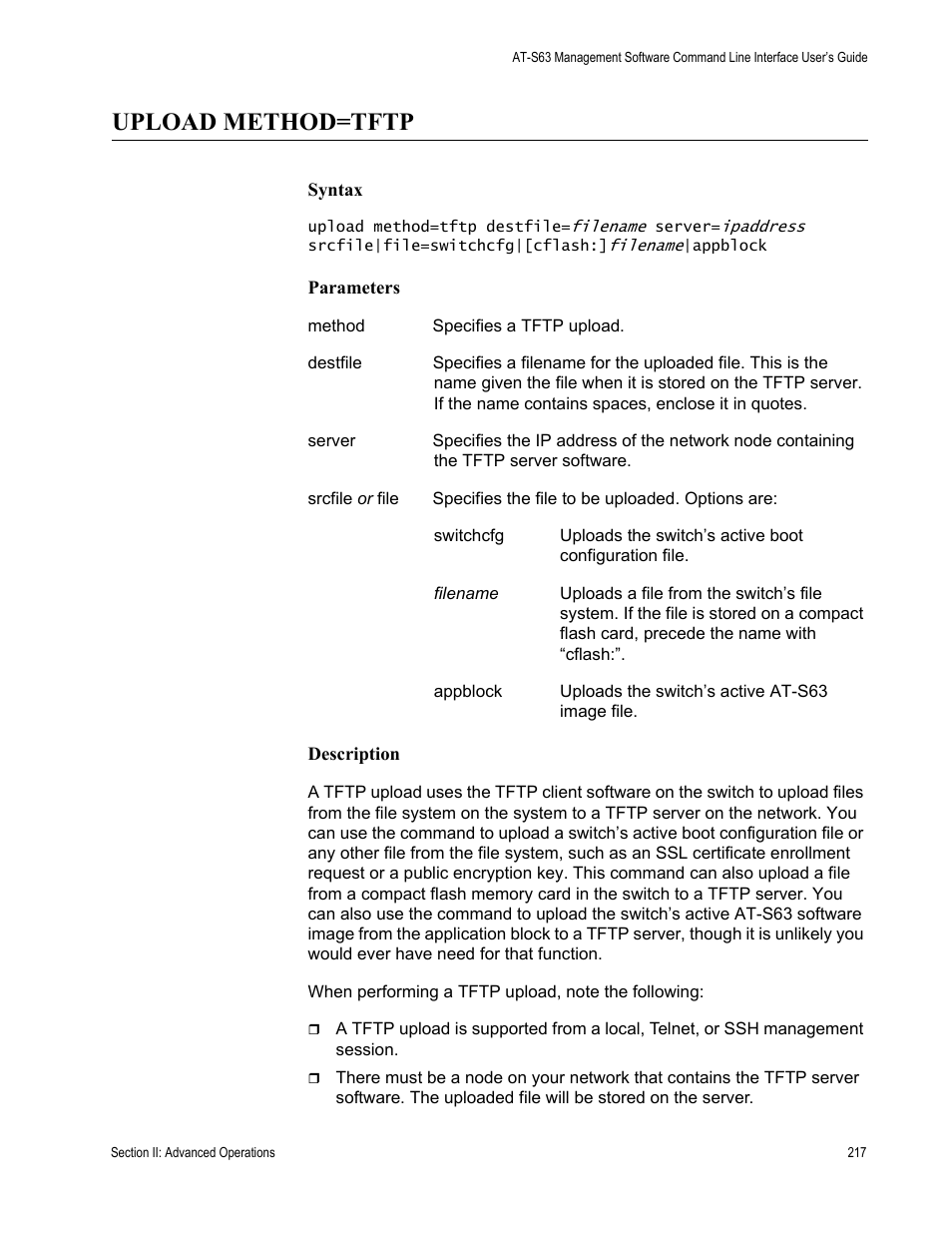 Upload method=tftp | Allied Telesis AT-S63 User Manual | Page 217 / 728