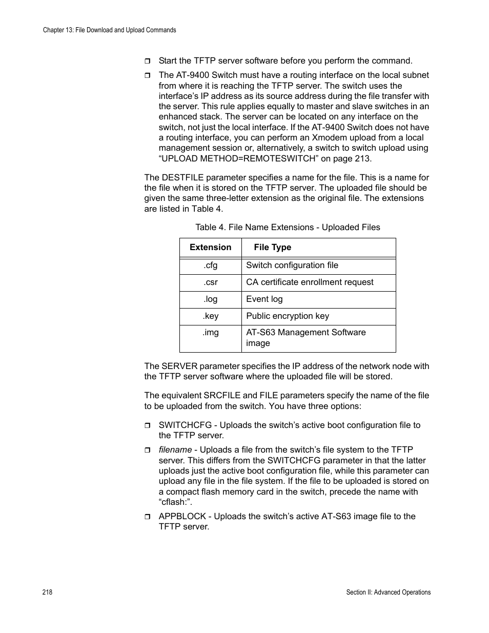 Table 4. file name extensions - uploaded files | Allied Telesis AT-S63 User Manual | Page 218 / 728