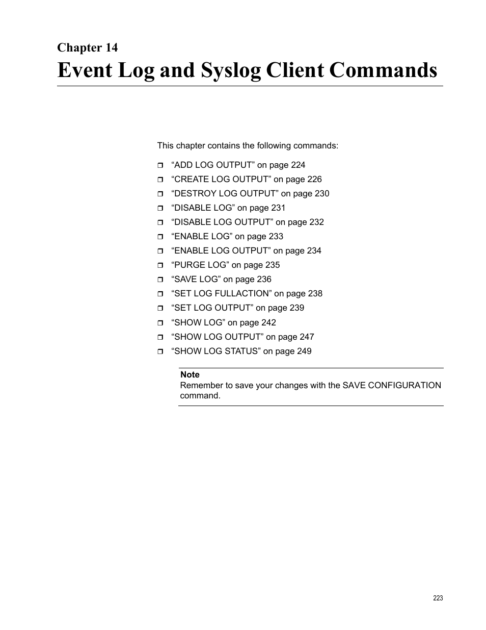 Chapter 14, Event log and syslog client commands | Allied Telesis AT-S63 User Manual | Page 223 / 728