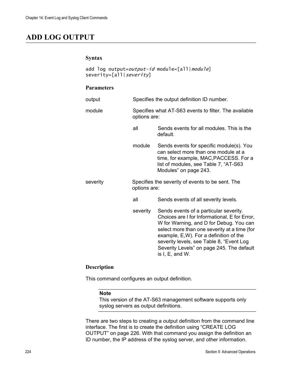 Add log output | Allied Telesis AT-S63 User Manual | Page 224 / 728