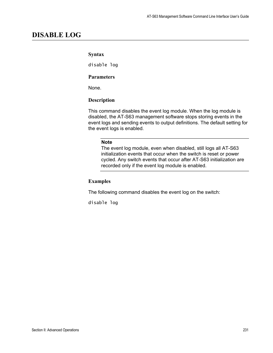 Disable log | Allied Telesis AT-S63 User Manual | Page 231 / 728