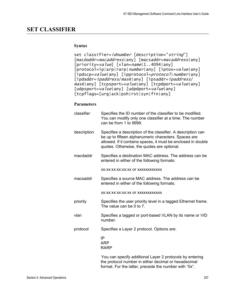 Set classifier | Allied Telesis AT-S63 User Manual | Page 257 / 728