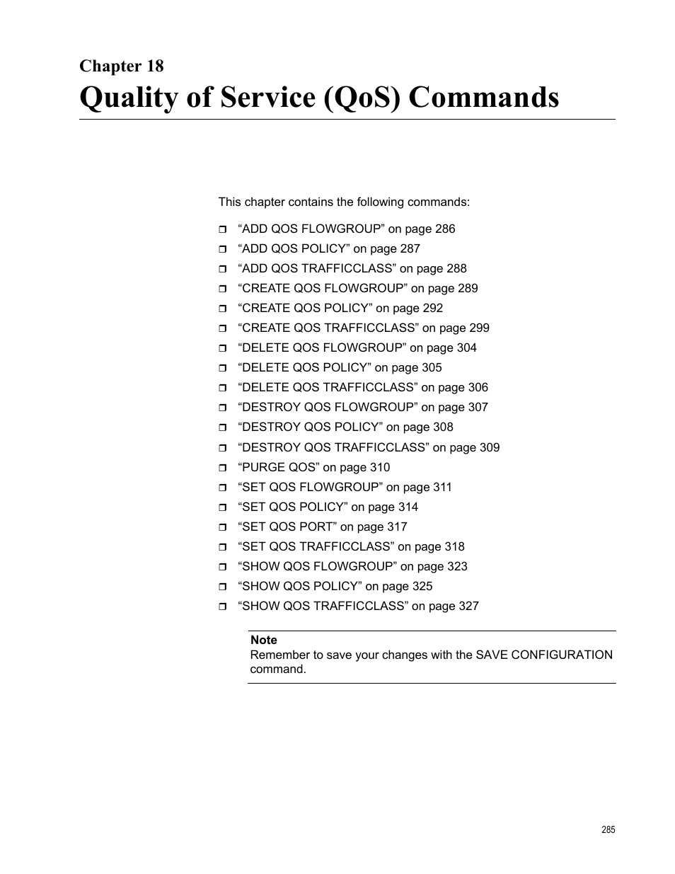 Chapter 18, Quality of service (qos) commands | Allied Telesis AT-S63 User Manual | Page 285 / 728
