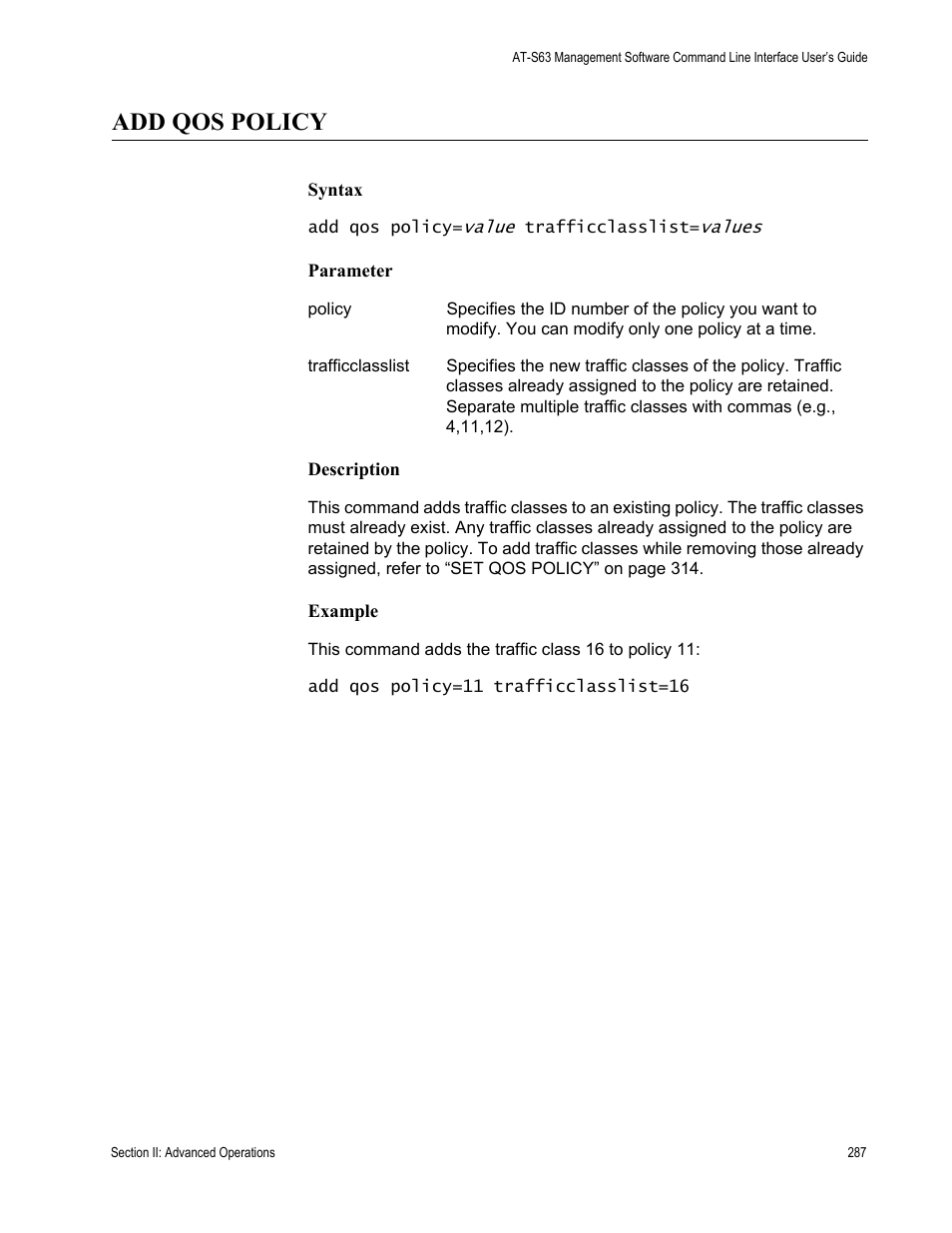 Add qos policy | Allied Telesis AT-S63 User Manual | Page 287 / 728