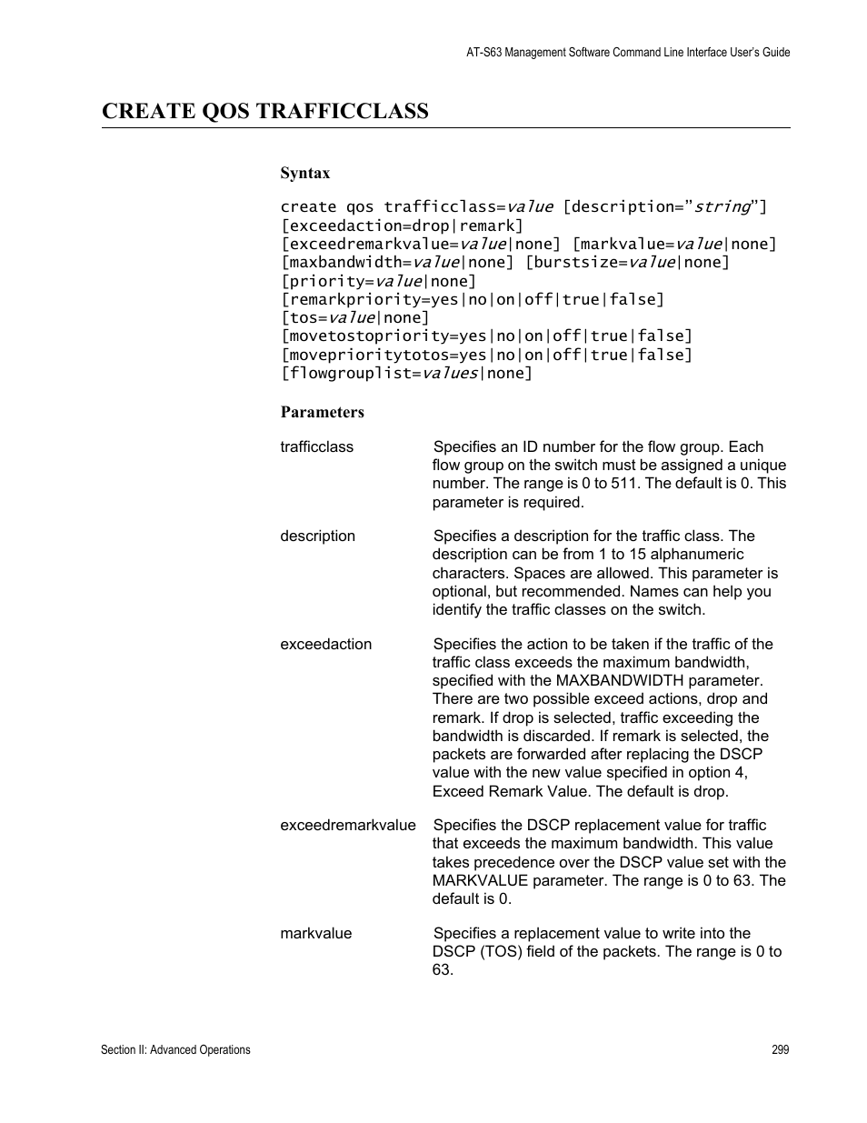 Create qos trafficclass | Allied Telesis AT-S63 User Manual | Page 299 / 728