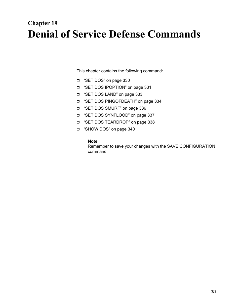 Chapter 19, Denial of service defense commands | Allied Telesis AT-S63 User Manual | Page 329 / 728