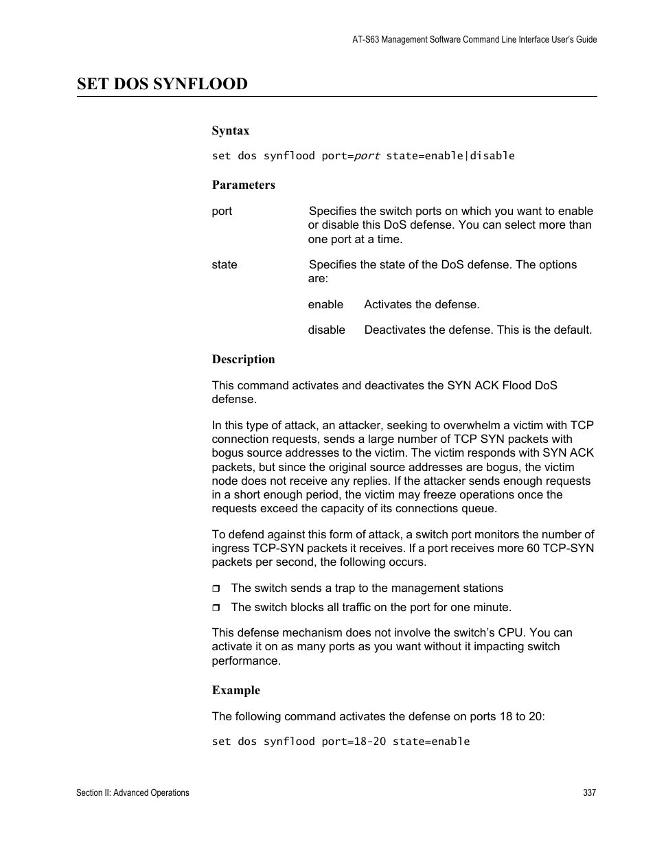 Set dos synflood | Allied Telesis AT-S63 User Manual | Page 337 / 728